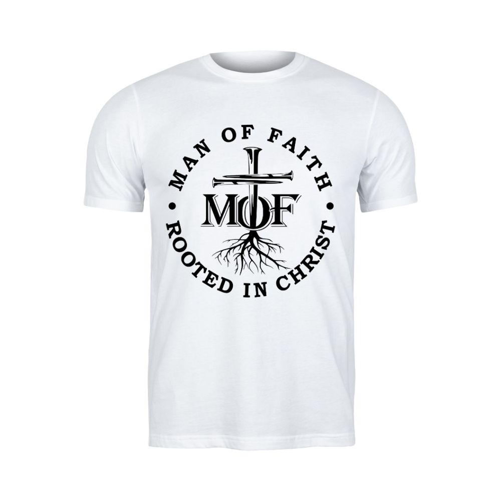 Man of Faith Rooted in Christ mens tshirt, white or burgandy christian apparel
